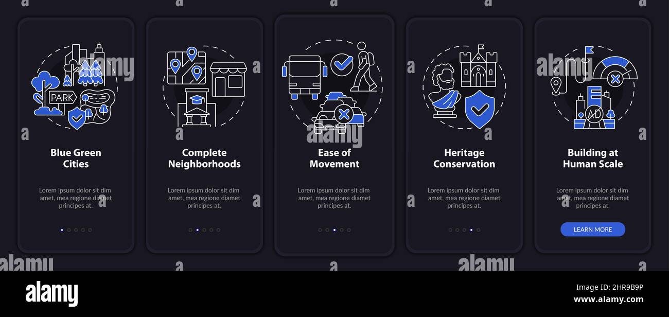 Urban design principles night mode onboarding mobile app screen Stock ...