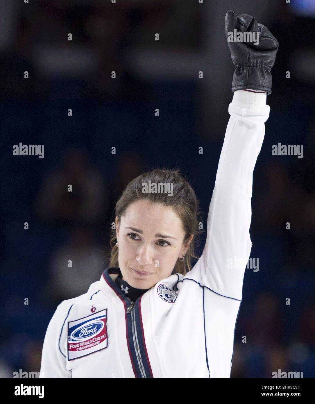 Russia skip Anna Sidorova celebrates her win over Canada in the bronze