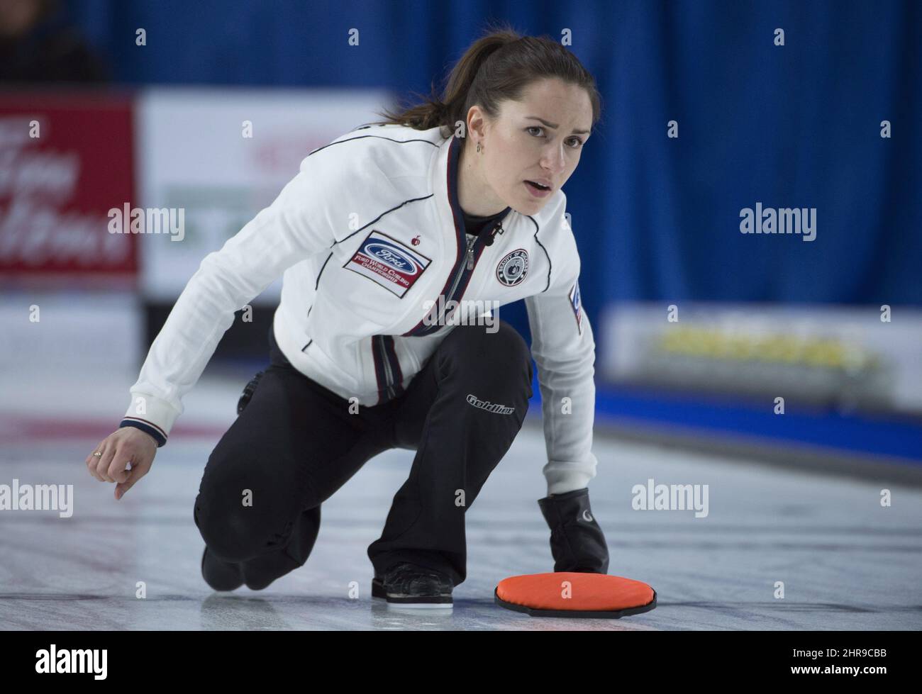 Russia skip Anna Sidorova watches her shot during the bronze medal game  against Canada at the women's world curling championship in Swift Current,  Sask. Sunday, March 27, 2016. THE CANADIAN PRESS/Jonathan Hayward