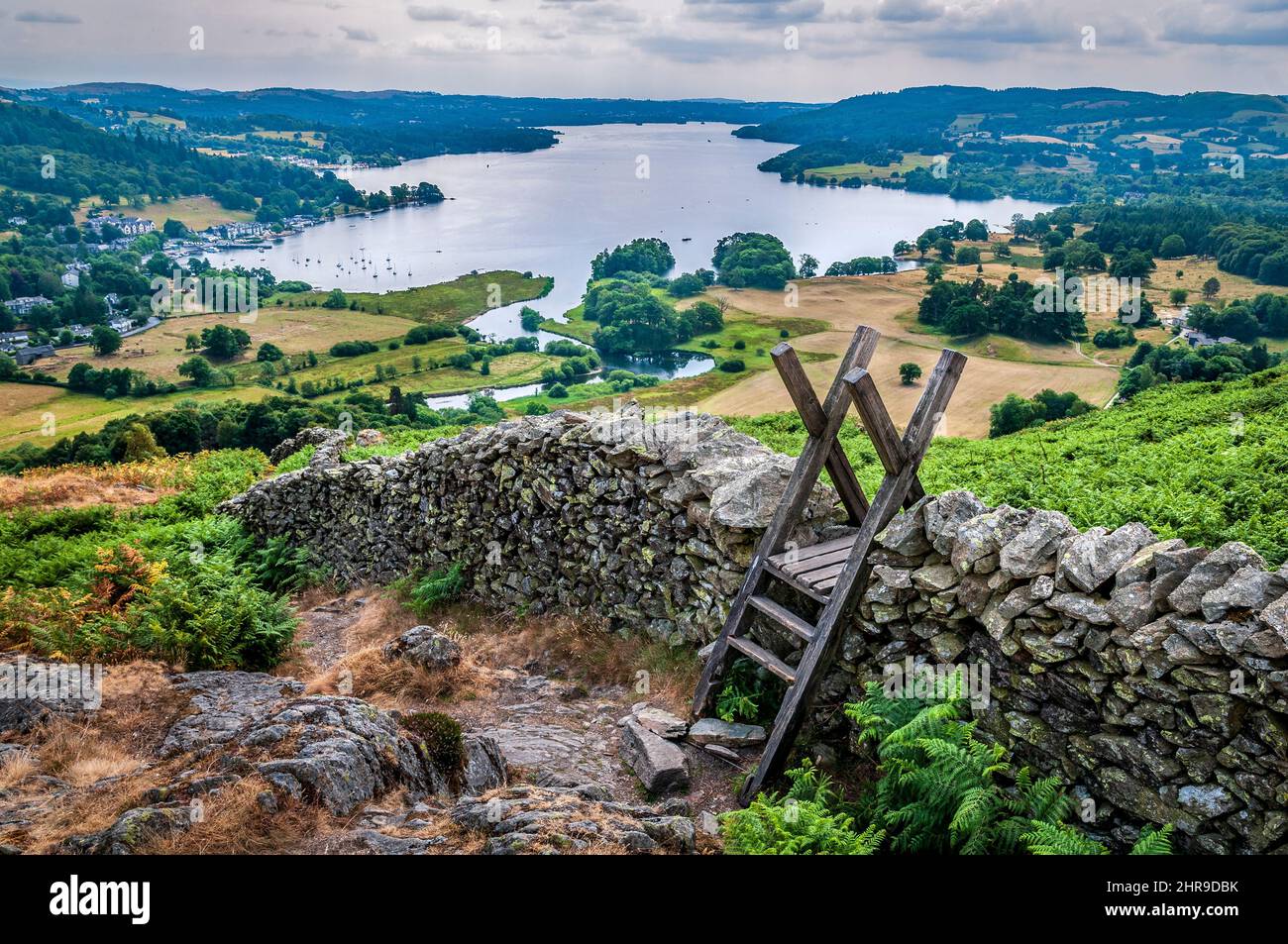 A view of lake Windremere and the river Rothay from Todd Crag above Ambleside in the Lake District. Stock Photo