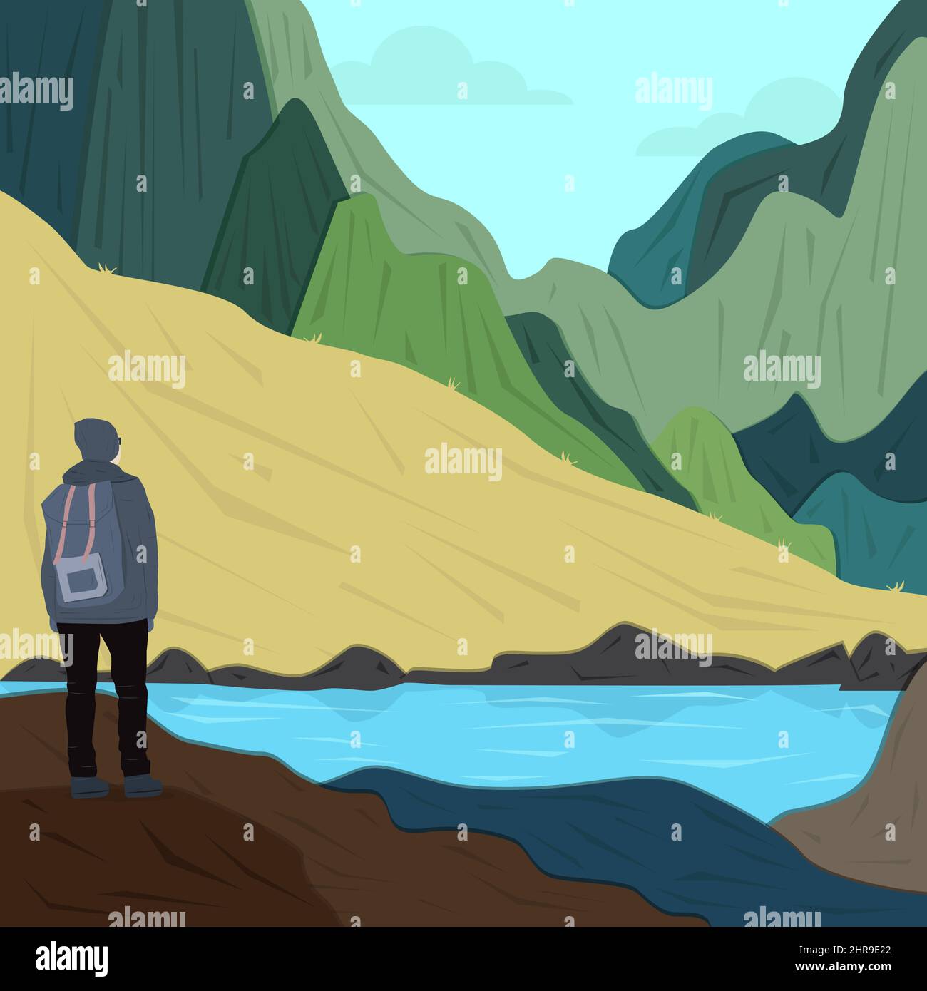 Flat design background landscape mountains with river Stock Vector