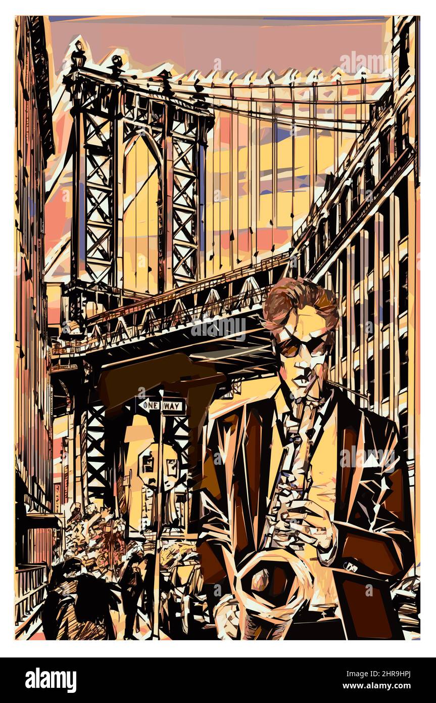 Saxophonist near Manhattan Bridge in brooklyn - vector illustration Stock Vector