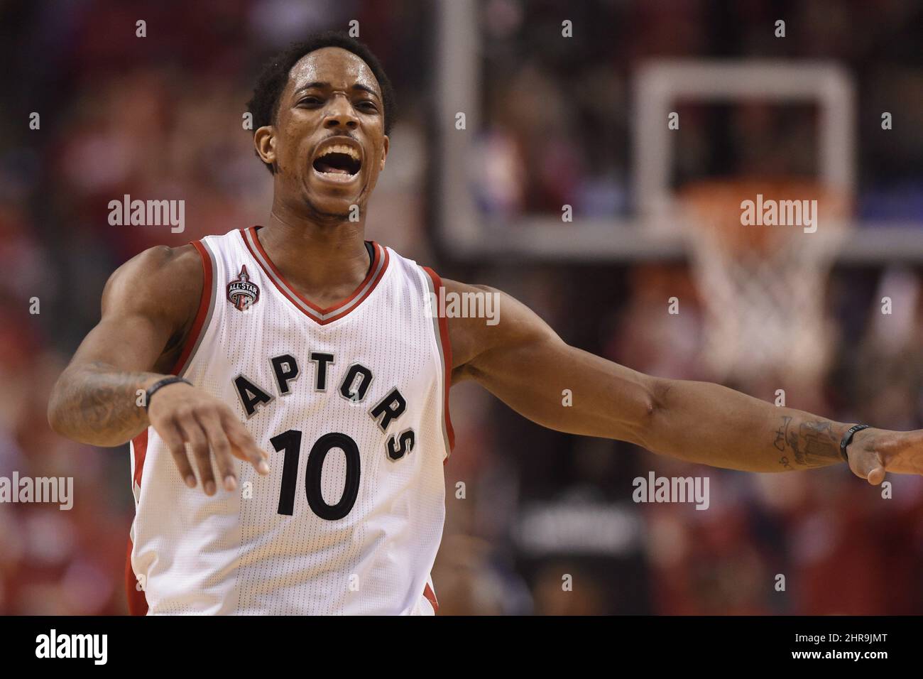 Toronto Raptors guard DeMar DeRozan celebrates after scoring a three ...