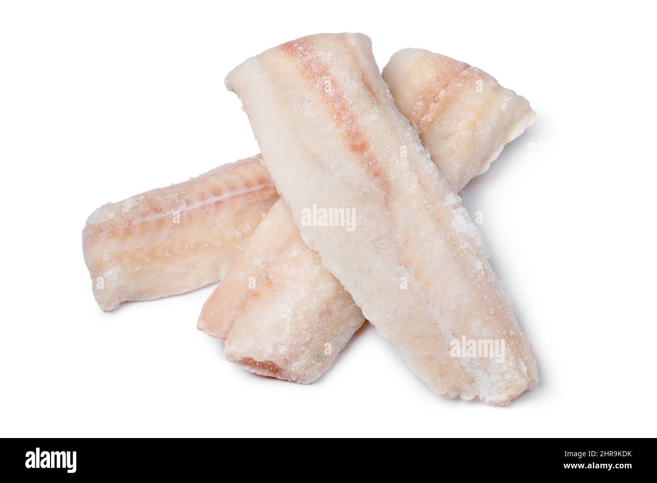 Pieces of frozen pollock fish isolated on white background Stock Photo