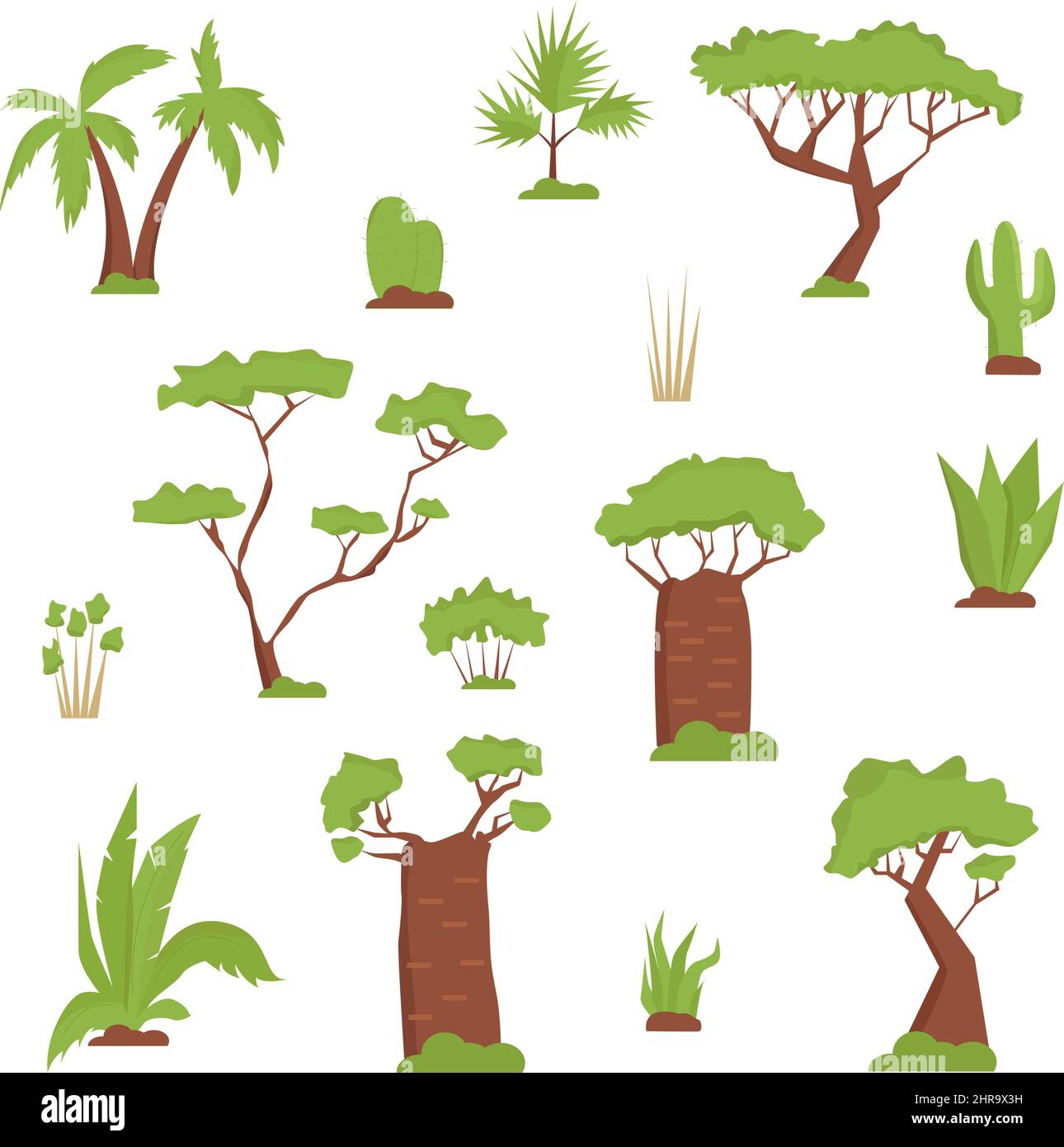 Set of African trees, herbs, leaves. Flat style. Palm tree, baobab, cacti, tropical leaves and plants Stock Vector