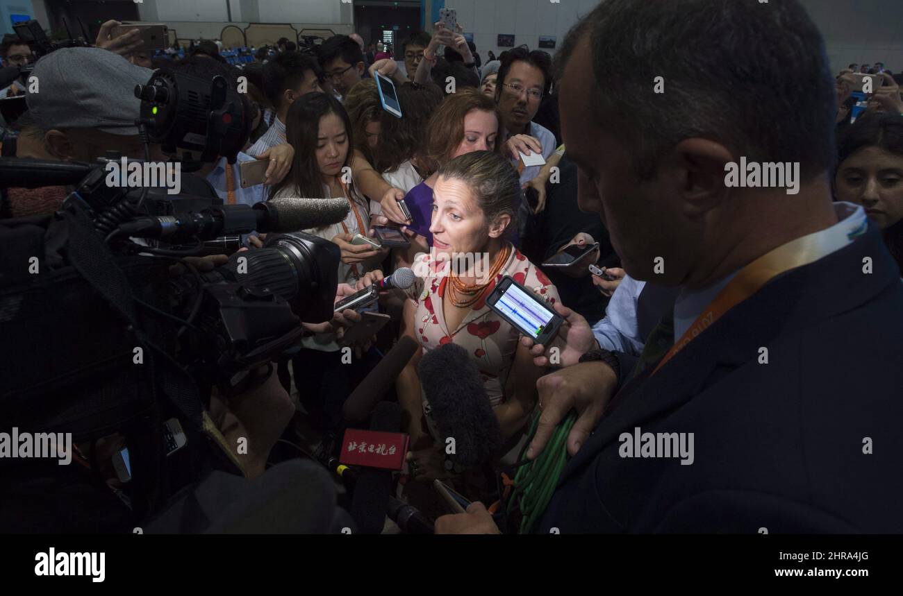 International Trade Minister Chrystia Freeland speaks with Canadian and International reporters at the G20 Leaders Summit in Hangzhou, China, on Monday, September 5, 2016. THE CANADIAN PRESS/Adrian Wyld Stock Photo