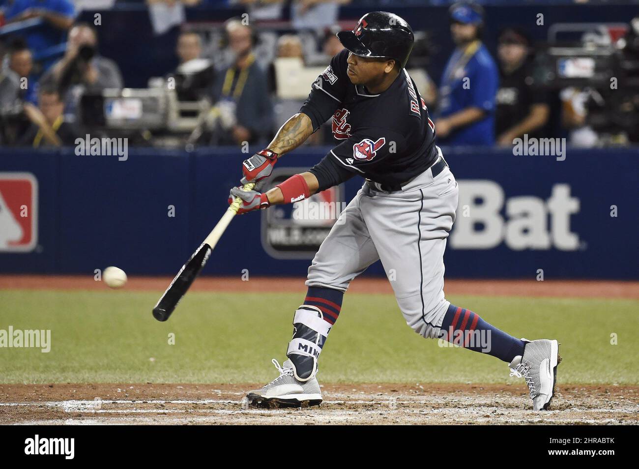 Cleveland Indians Jose Ramirez (11) bats in the eighth inning during Game 3  of the Major League Baseball World Series against the Chicago Cubs on  October 28, 2016 at Wrigley Field in