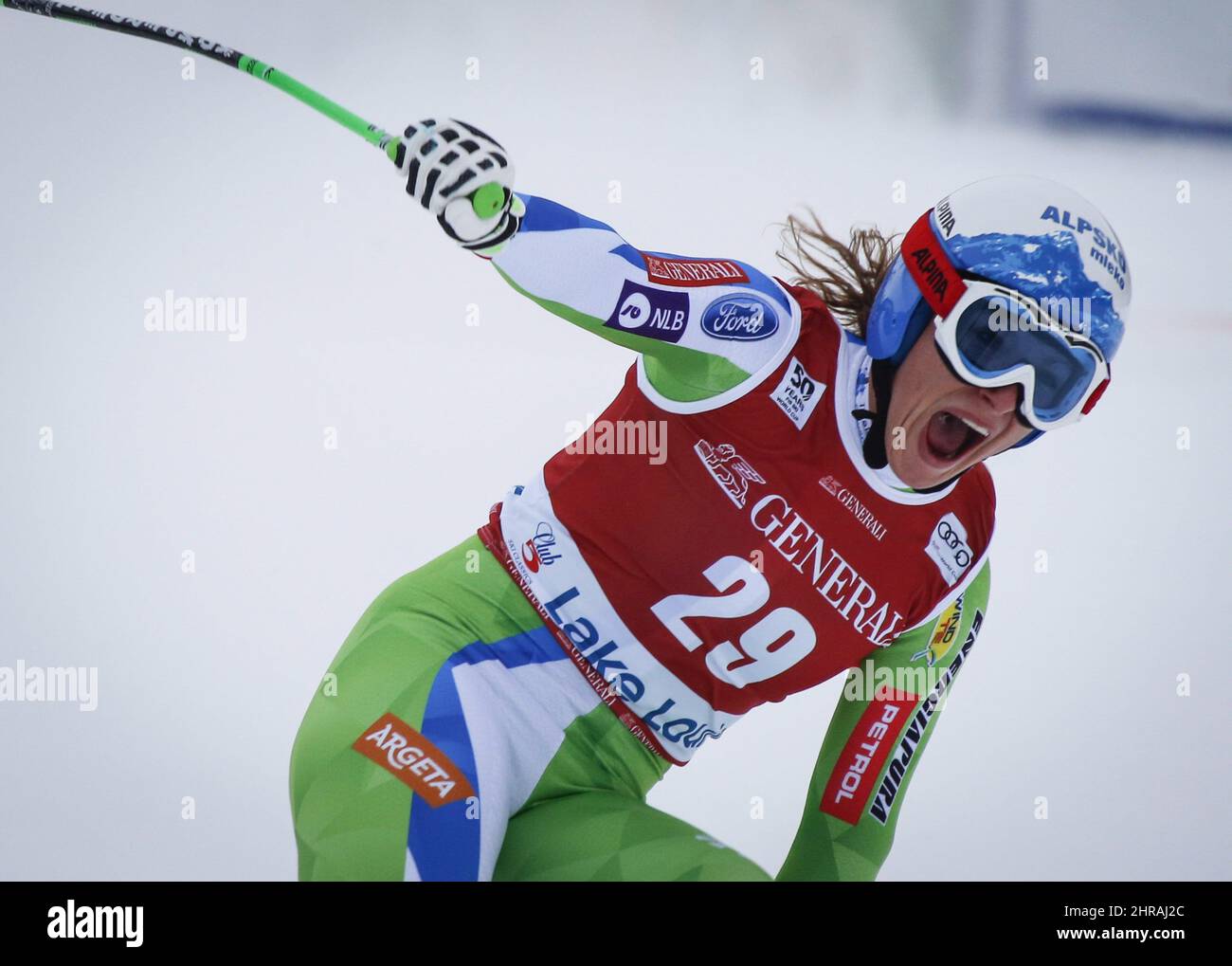 Slovenia's Ilka Stuhec reacts in the finish area following her win in
