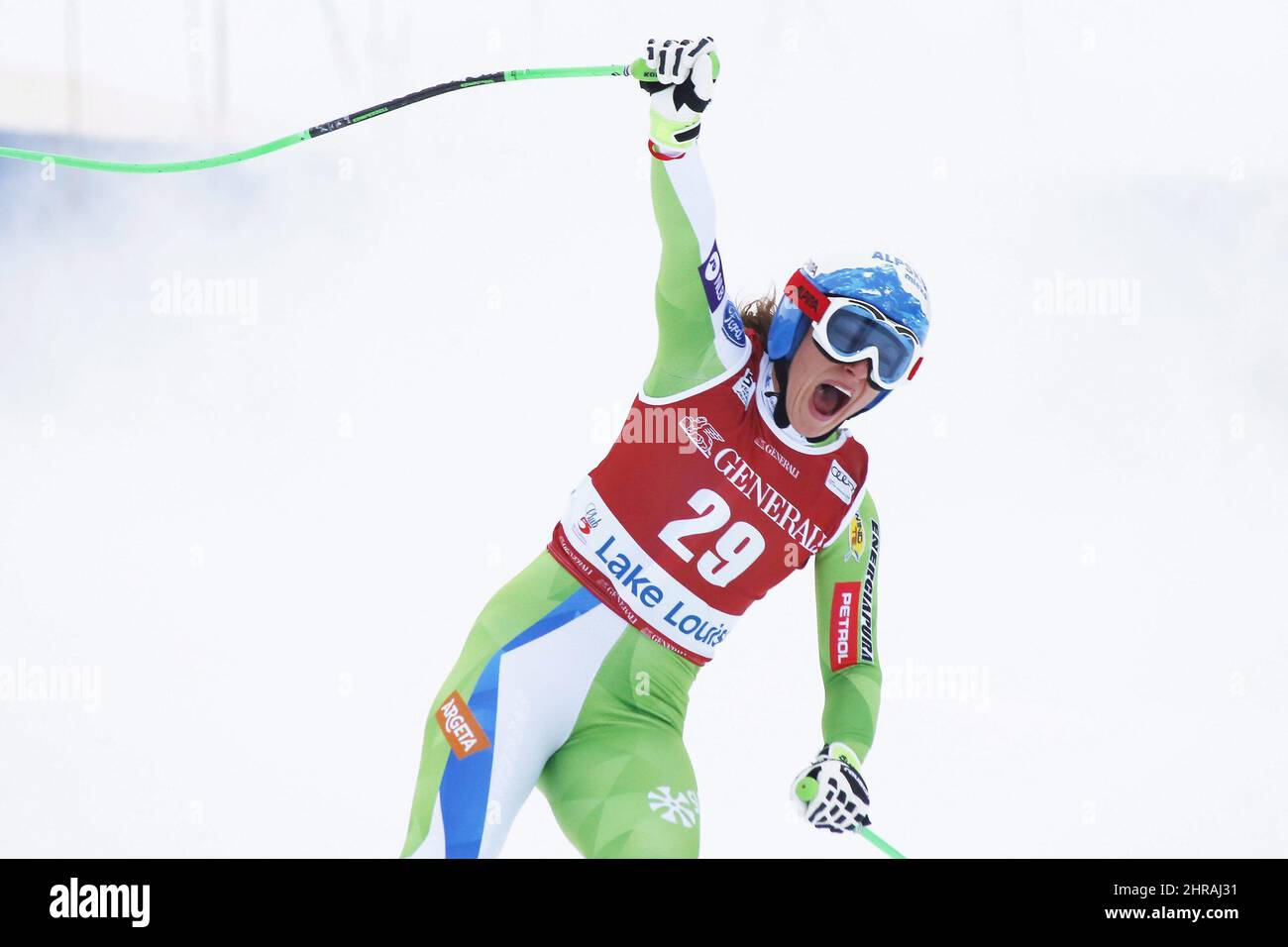 Ilka Stuhec of Slovenia reacts in the finish area following her run in