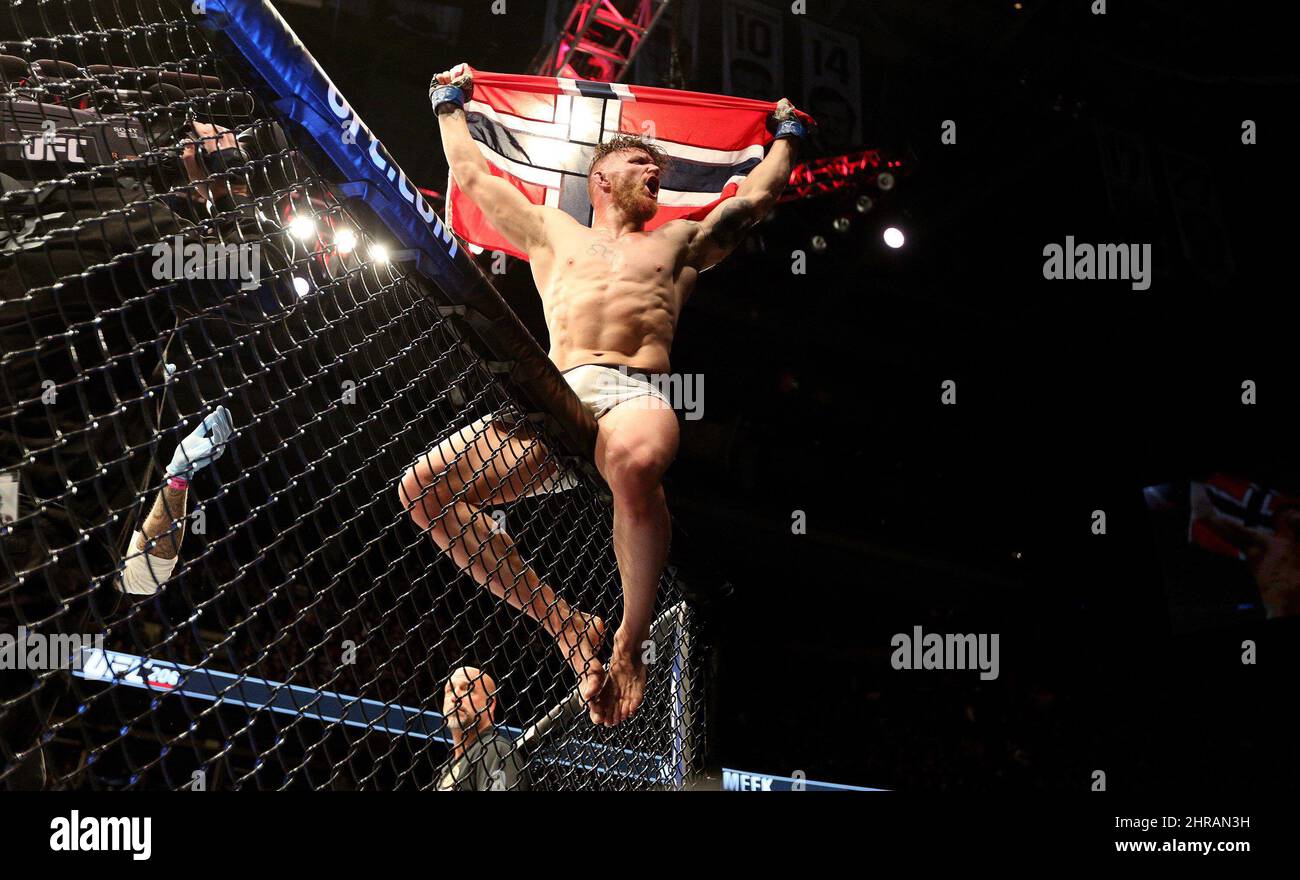 Welterweight Emil Meek, of Norway, celebrates after defeating Jordan Mein,  of Canada, during the UFC 206 fight night held at the Air Canada Centre in  Toronto, Ont., on Saturday, December 10, 2016.