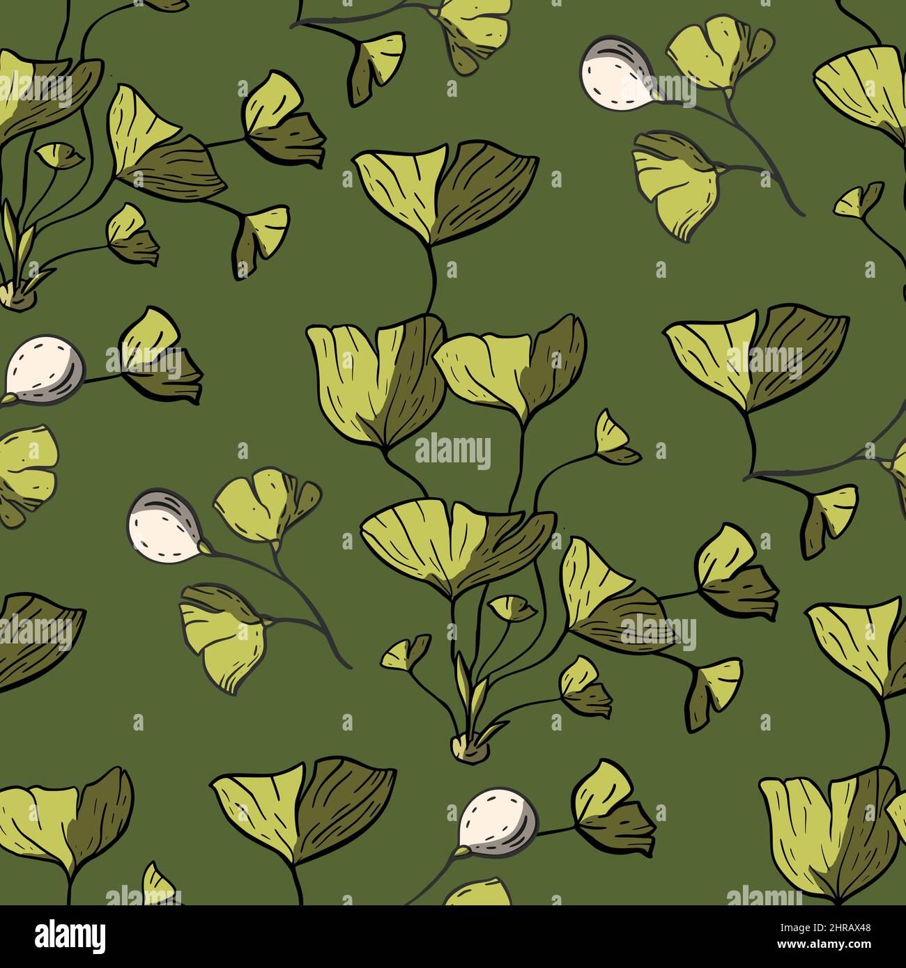 Vintage berry cartoon seamless pattern, green floral background Stock Vector