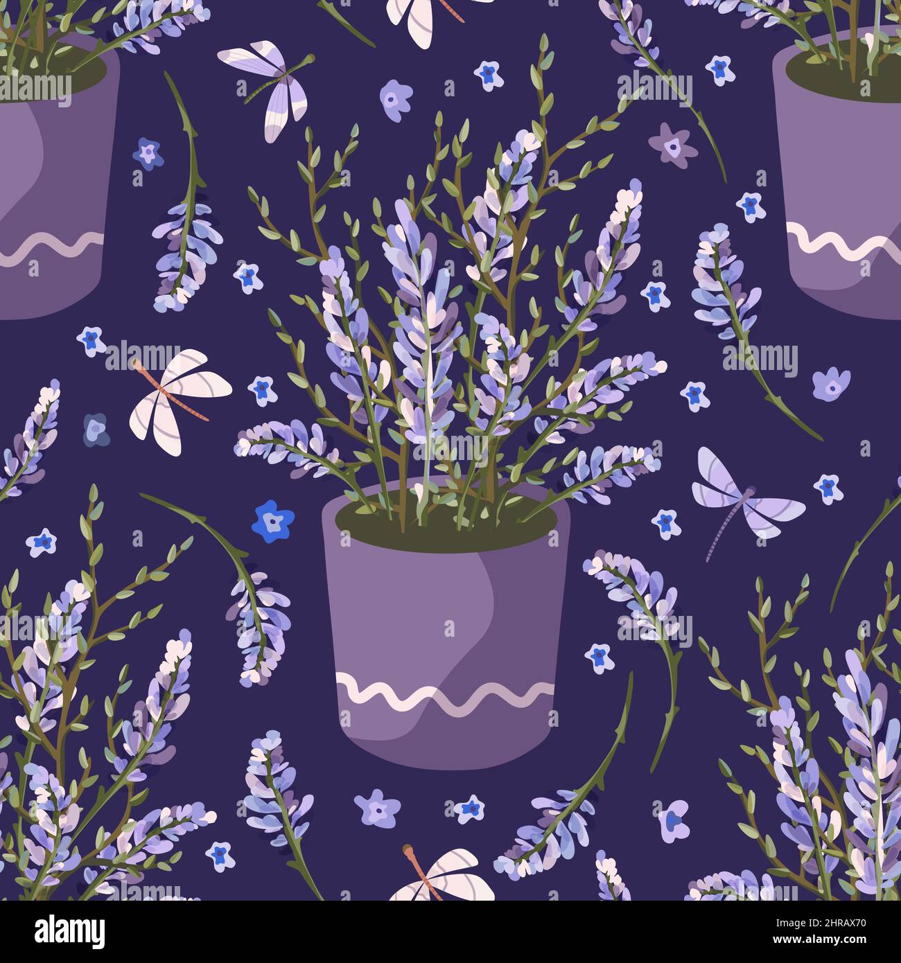 Lavender Provence flower seamless pattern on a dark purple background ...
