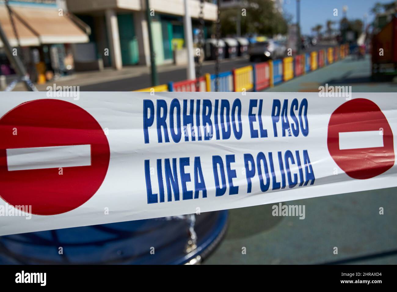 local police incident tape linea de policia local Lanzarote, Canary Islands, Spain Stock Photo