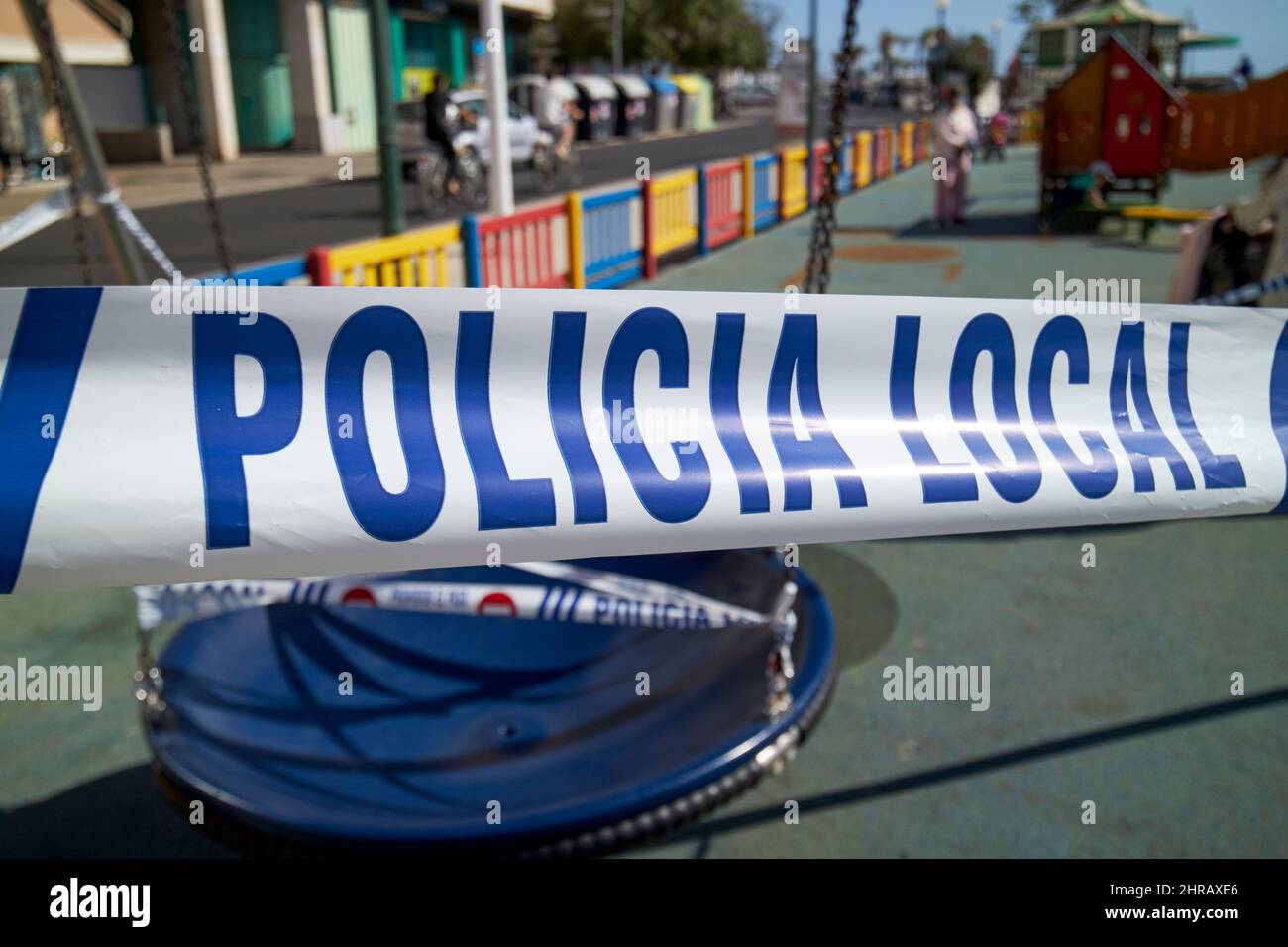 local police incident tape linea de policia local Lanzarote, Canary Islands, Spain Stock Photo