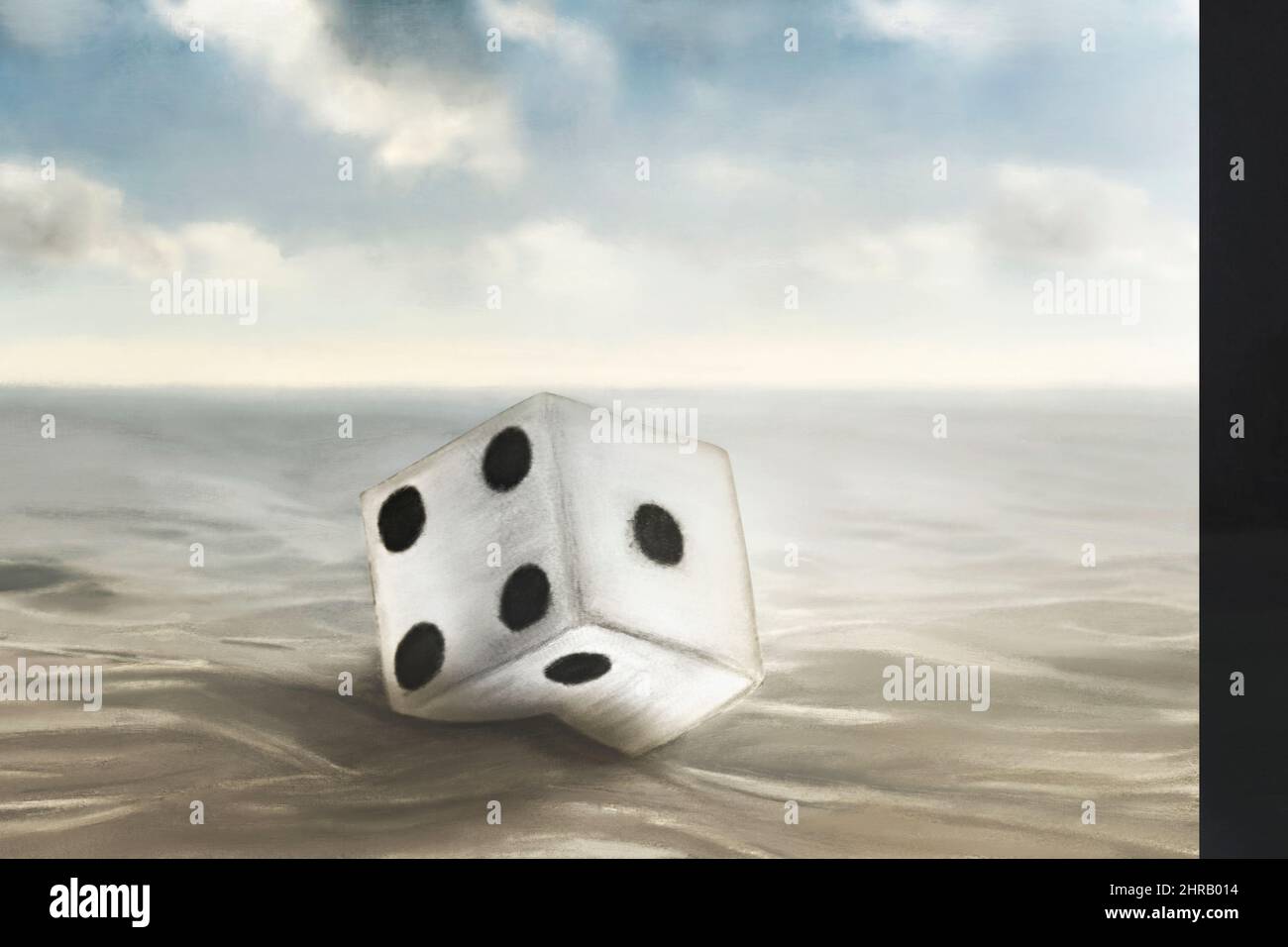 surreal dice stuck in the sand Stock Photo
