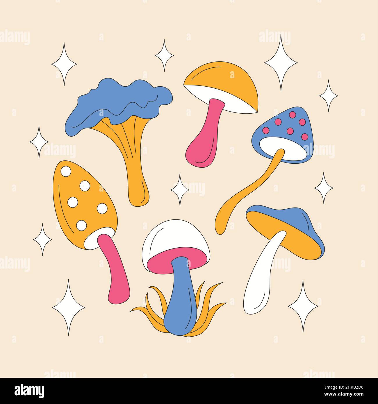 Retro mushromms and sparkles on light background. Stock Vector