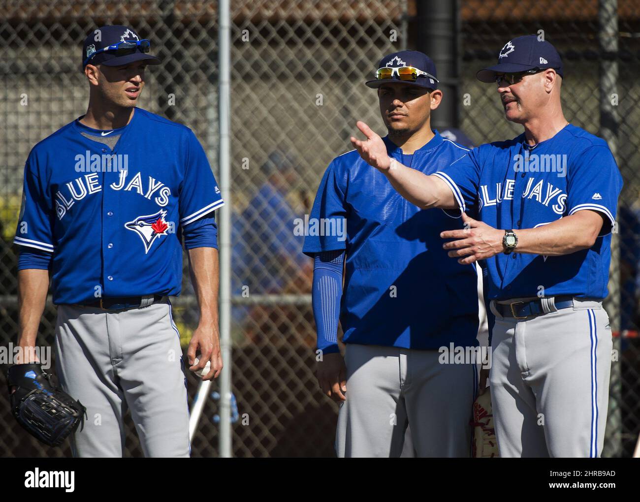 Toronto Blue Jays pitching coach Pete Walker, right, talks with
