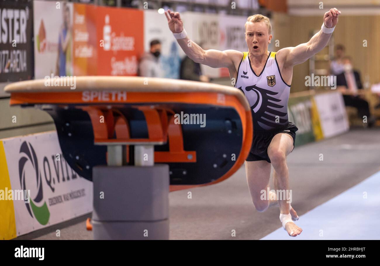 Cottbus, Germany. 25th Feb, 2022. Gymnastics: World Cup, men: vault ...