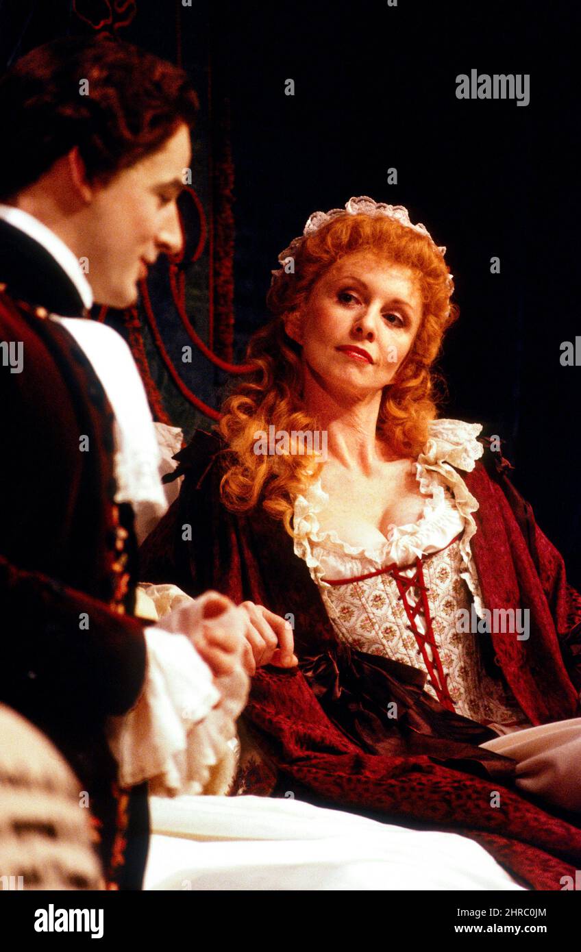 Jeremy Northam (Joseph Surface), Jane Asher (Lady Sneerwell) in THE SCHOOL FOR SCANDAL by Richard Brinsley Sheridan at the Olivier Theatre, National Theatre (NT), London SE1  24/04/1990  music: Dominic Muldowney  set design: John Gunter  costumes: Luciana Arrighi  lighting: Robert Bryan  dance: Peter Walker  director: Peter Wood Stock Photo