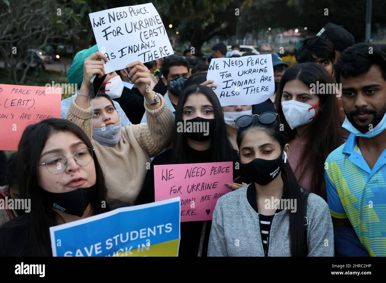 New Delhi, India. 25th Feb, 2022. Families and friends of Indian students stuck in Ukraine hold placards, as they demand the Indian Government to evacuate the stranded students. (Credit Image: © Karma Sonam Bhutia/ZUMA Press Wire) Stock Photo