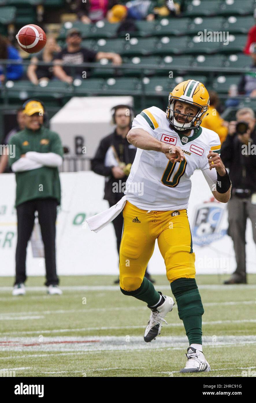 Edmonton Eskimos quarterback Mike Reilly during first half CFL pre-season action in Edmonton, Alta., on Sunday June 11, 2017. Reilly was born to run, but in his fifth season with the Edmonton Eskimos, the quarterback with the Methuselah beard has pretty much run out of things to experience. THE CANADIAN PRESS/Amber Bracken Stock Photo