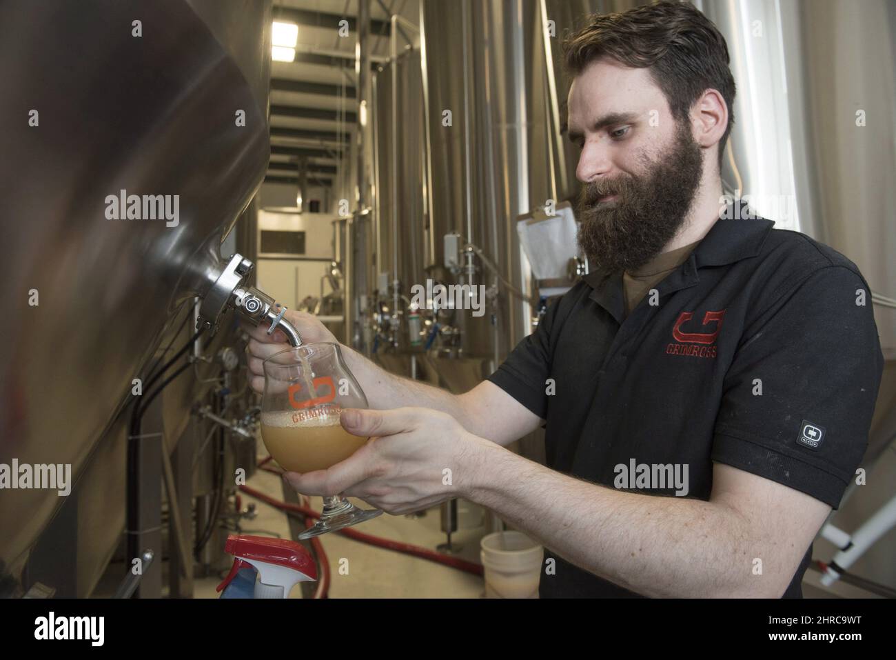 Ben Ellick, Brewer at Grimross Craft Brewing, checks a new batch at their business in Fredericton, N.B., on Friday, June 16, 2017. The craft brewing industry is booming in Fredericton and officials in New Brunswick's capital are hoping tourists will want to taste what the city has on tap. THE CANADIAN PRESS/Stephen MacGillivray Stock Photo