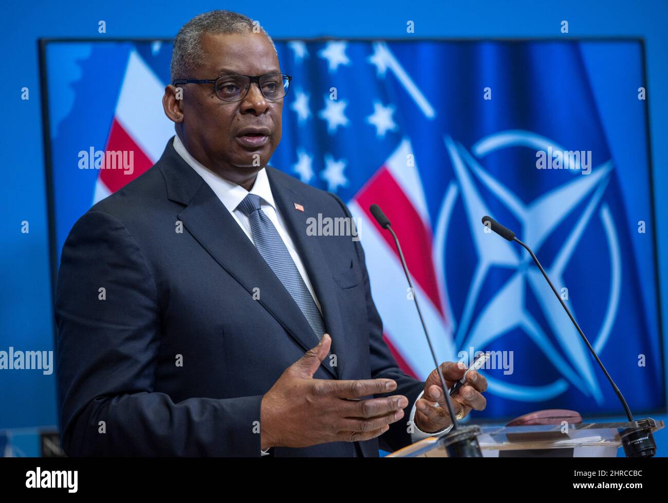 Secretary of Defense Lloyd J. Austin III conducts a press conference at the NATO defense ministerial at NATO headquarters in Brussels, Belgium, Oct. 22, 2021. NATO leaders are conducting their first in-person defense ministerial since the beginning of the COVID-19 pandemic to chart the course for the alliance as it modernizes and adapts to a world dominated by strategic competition. (Department of Defense photo by Chad J. McNeeley) Stock Photo