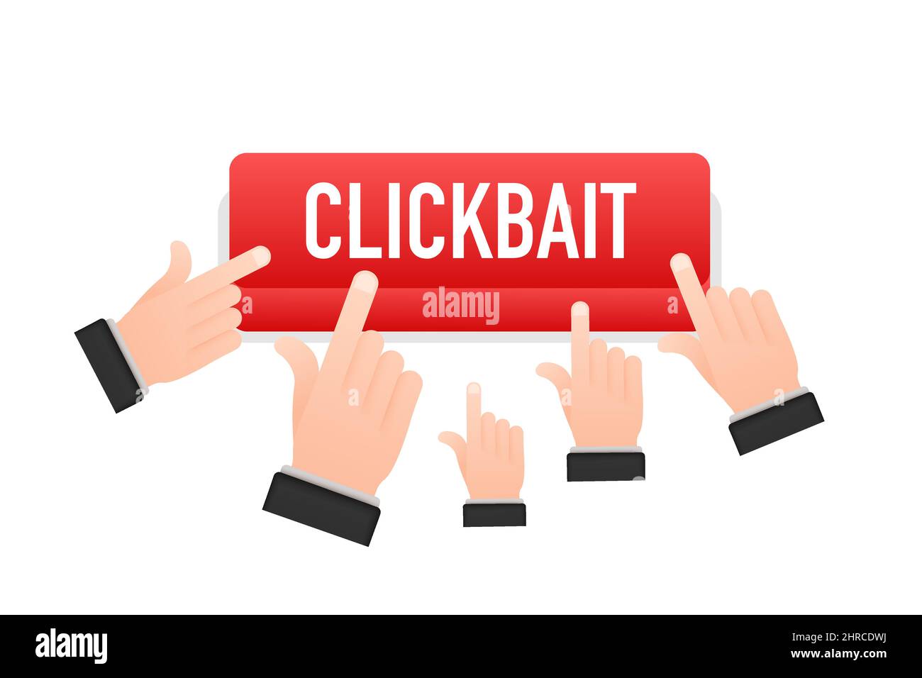 Clickbait red button. Hand click icon symbol. Cursor arrows, push button. Vector stock illustration. Stock Vector