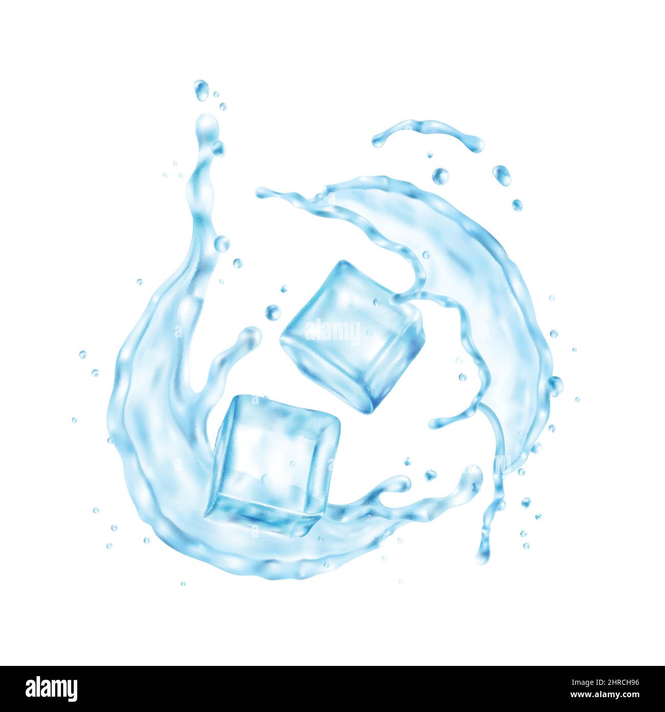 Realistic composition with images of water splash with ice cubes on ...