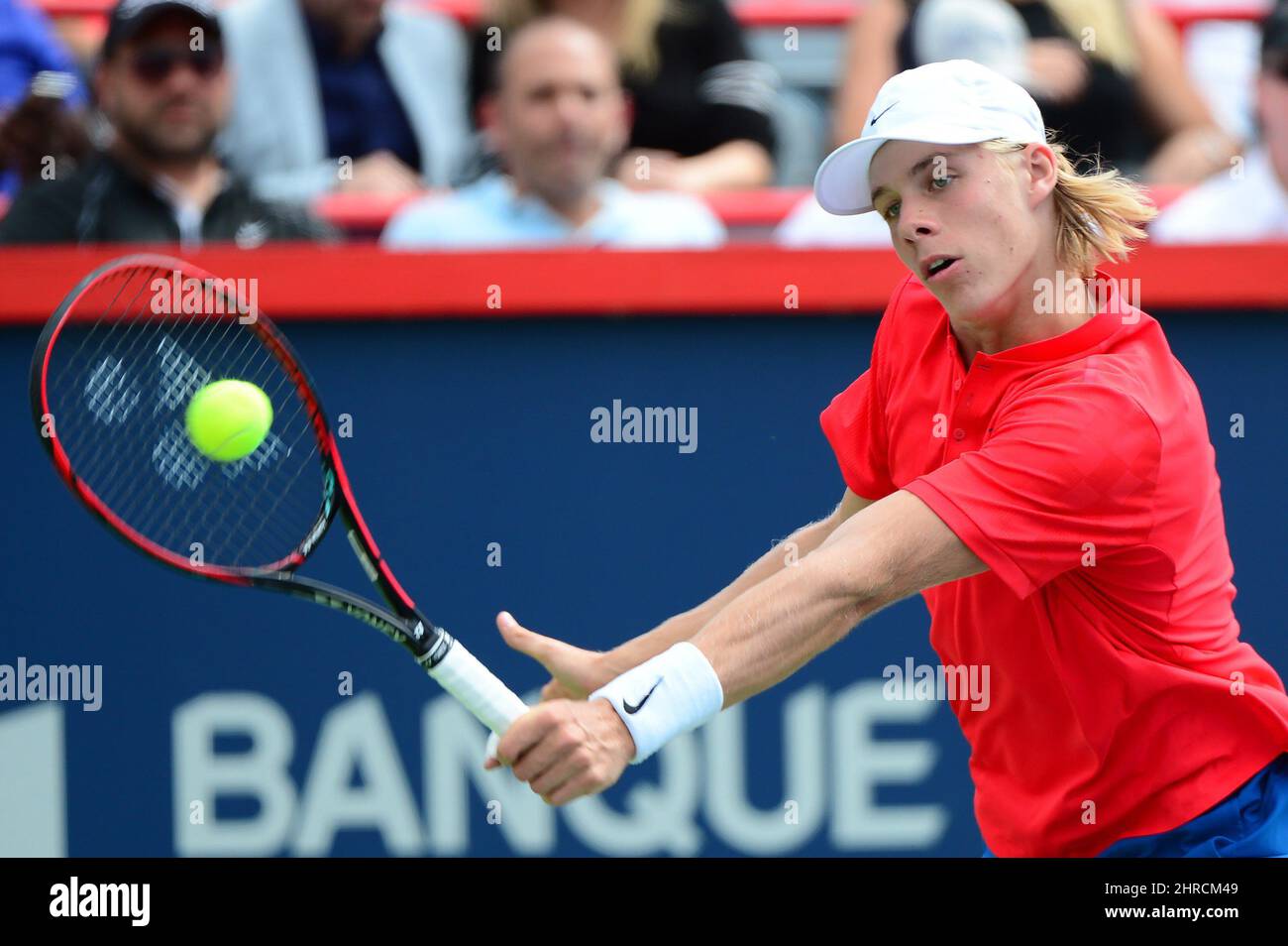 Canada's Denis Shapovalov returns to Rogerio Dutra Silva of Brazil at the Rogers Cup men's tennis tournament, Tuesday August 8, 2017 in Montreal. THE CANADIAN PRESS/Paul Chiasson Stock Photo