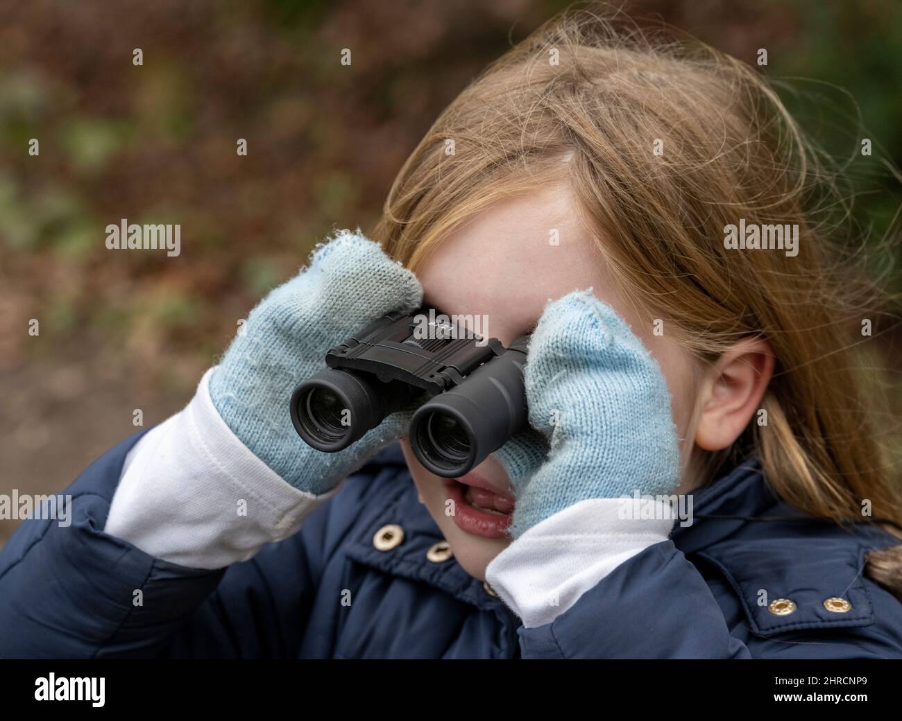 A young girl using binoculars whilst bird watching in the cold of winter. Stock Photo