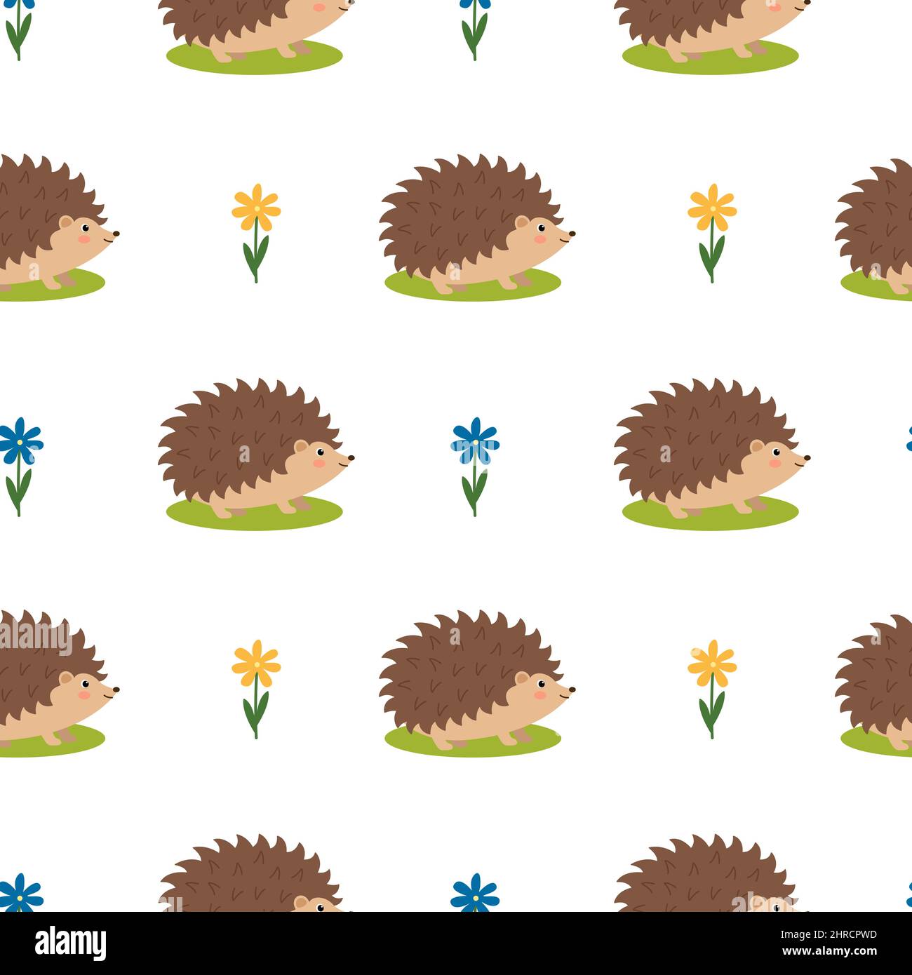 Seamless pattern with cute hedgehogs and flowers, vector illustration Stock Vector