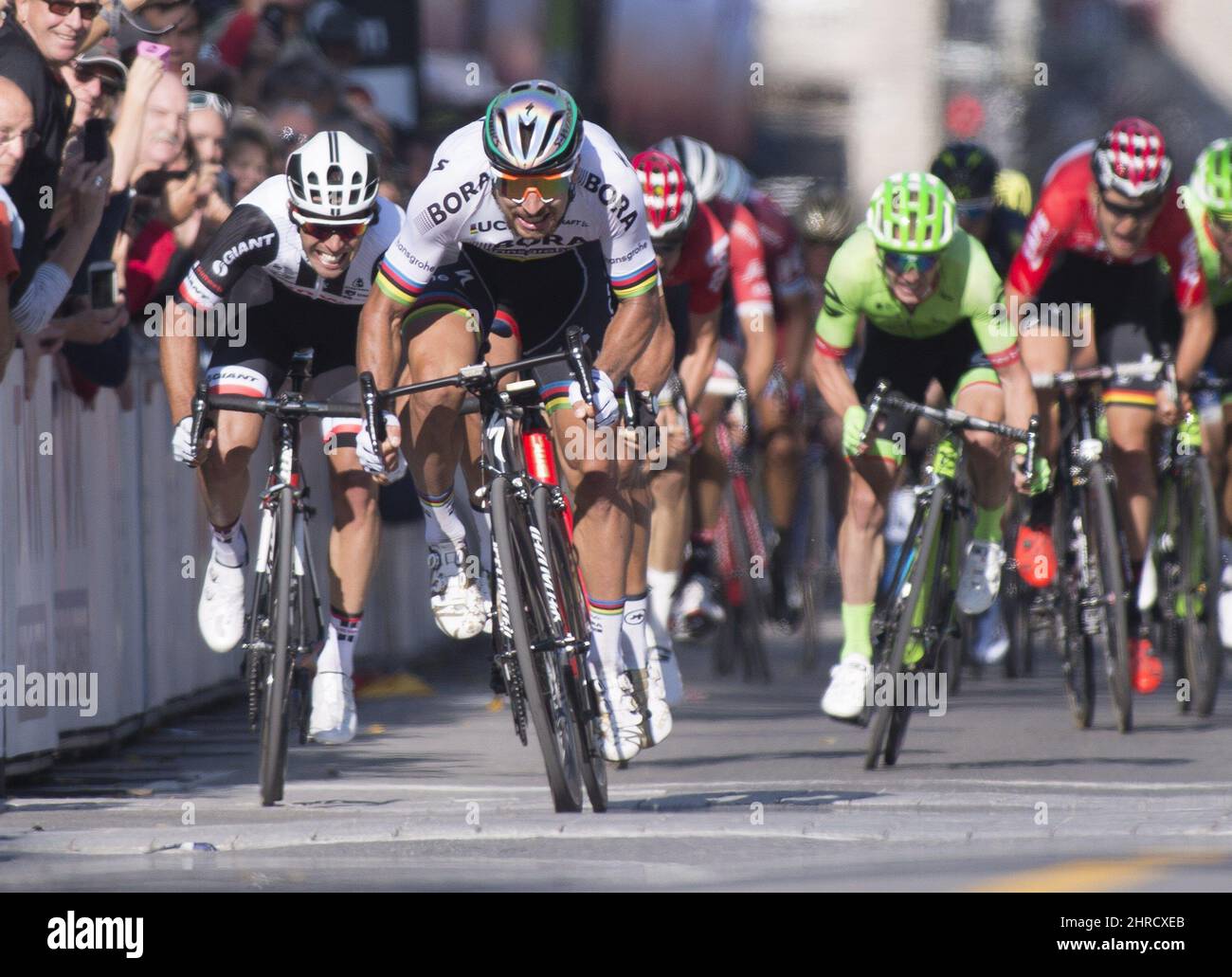 Peter Sagan, centre left, of Slovakia sprints to the finish to win his ...