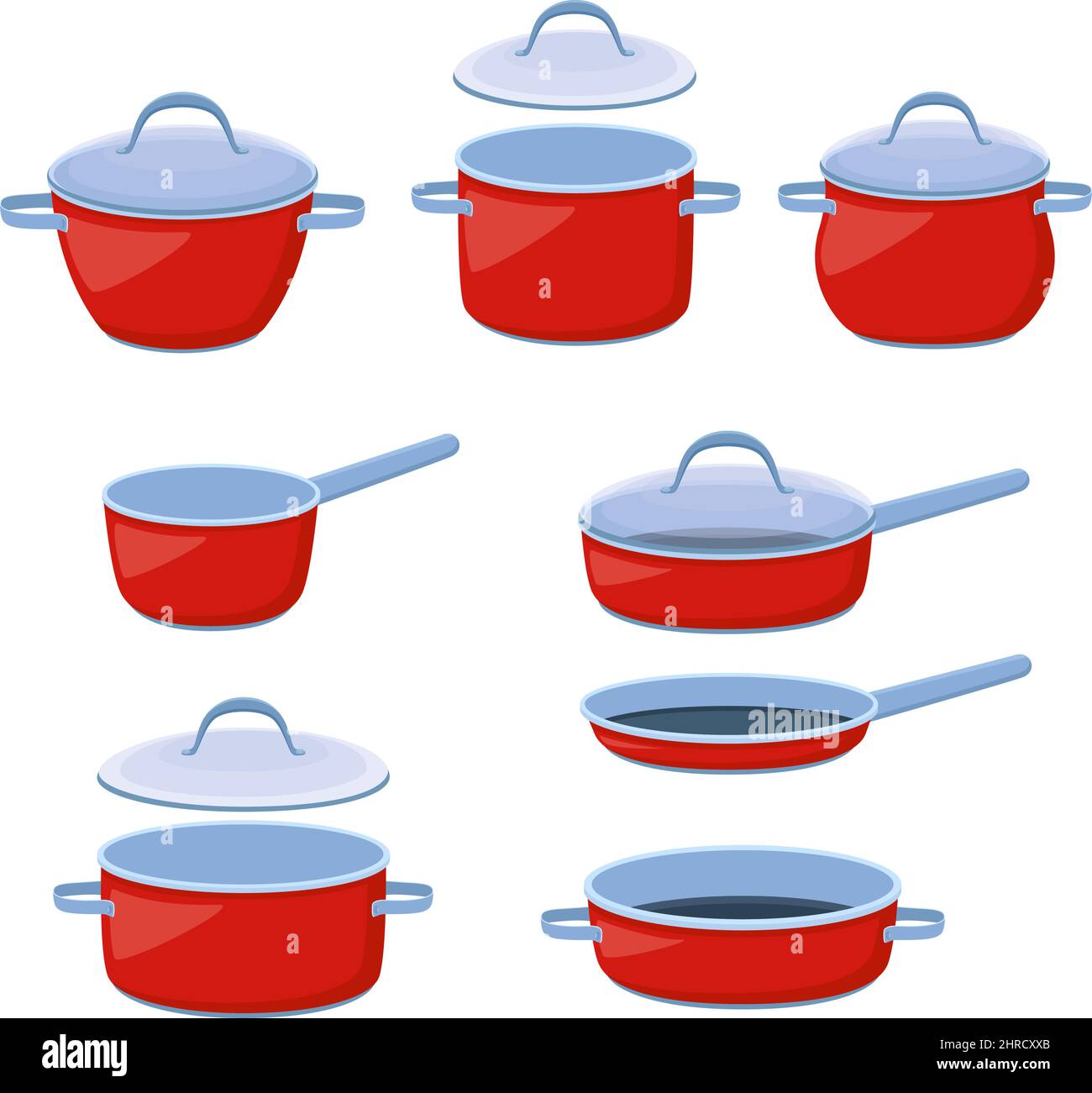 Cooking pots, saucepans and frying pans. Set of kitchen utensils for boiling and frying, vector illustration Stock Vector