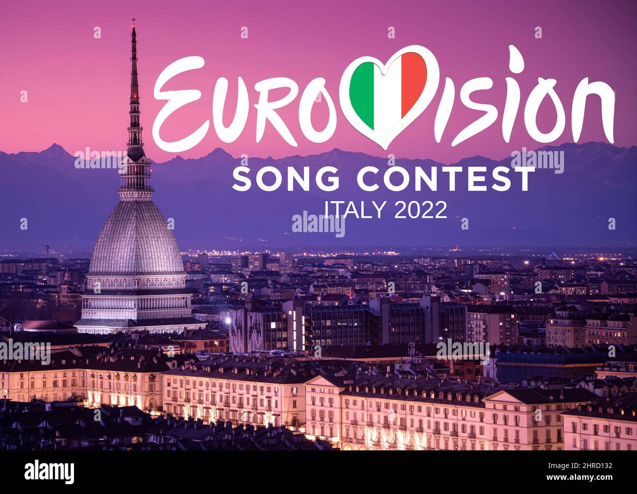 Eurovision Song Contest logo on on Turin's cityscape at night. The 66th edition will be held in Turin in May 2022. Turin, Italy - february 2022 Stock Photo