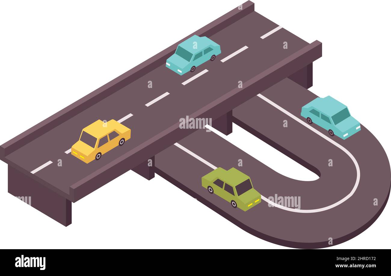 Road set isometric composition with view of motorways with flyover and ...