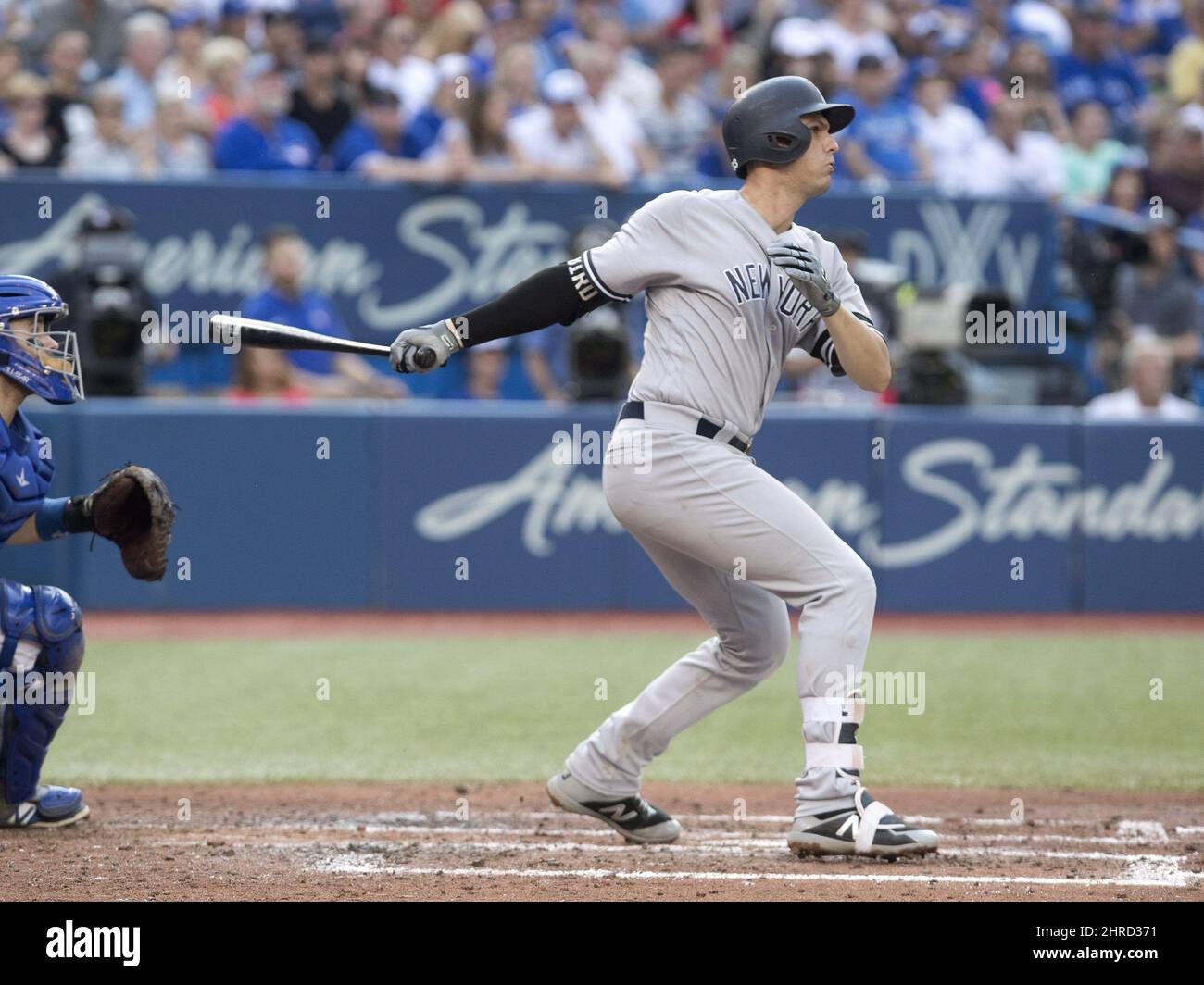 New York Yankees Greg Bird hits a grand slam home run in the first inning  against the Toronto Blue Jays at Yankee Stadium in New York City on August  19, 2018. Photo