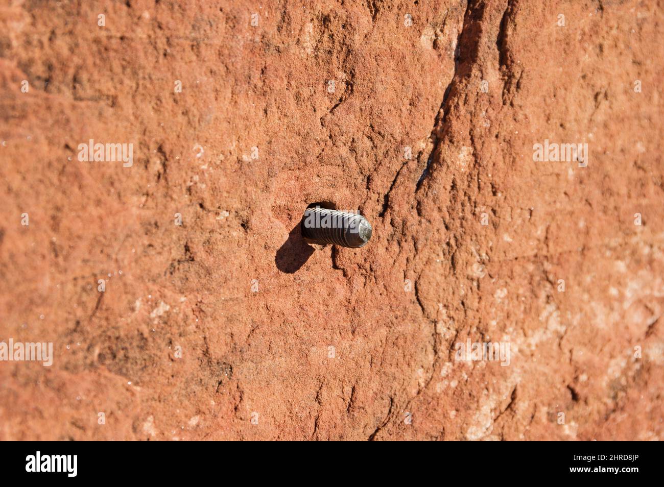 an old climbing bolt in red sandstone without a nut or hanger Stock Photo