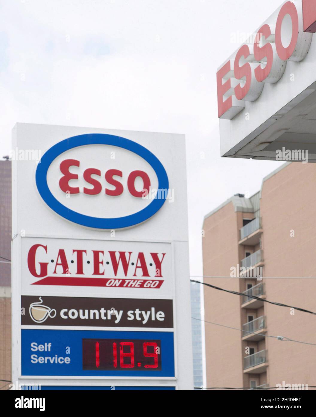 A station sign showing the current price of gas is shown in Toronto on