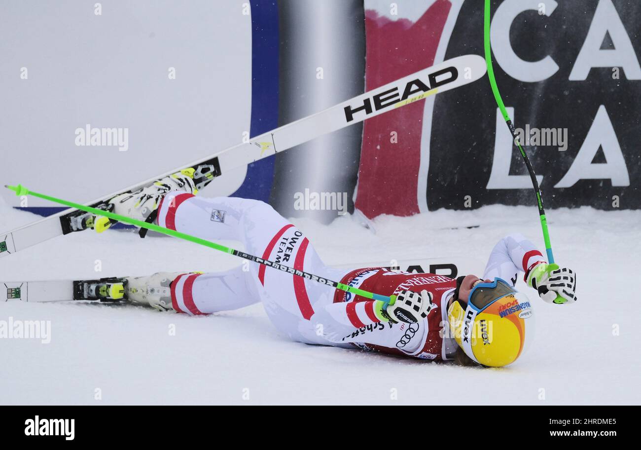 Cornelia Huetter of Austria reacts in the finish area following her run