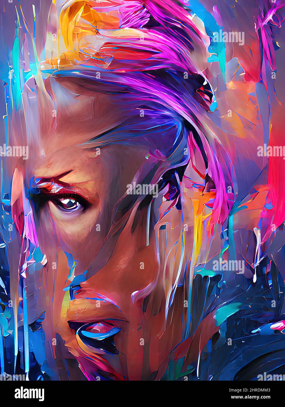 Vertical 2D illustration of an abstract neon painting of a woman from