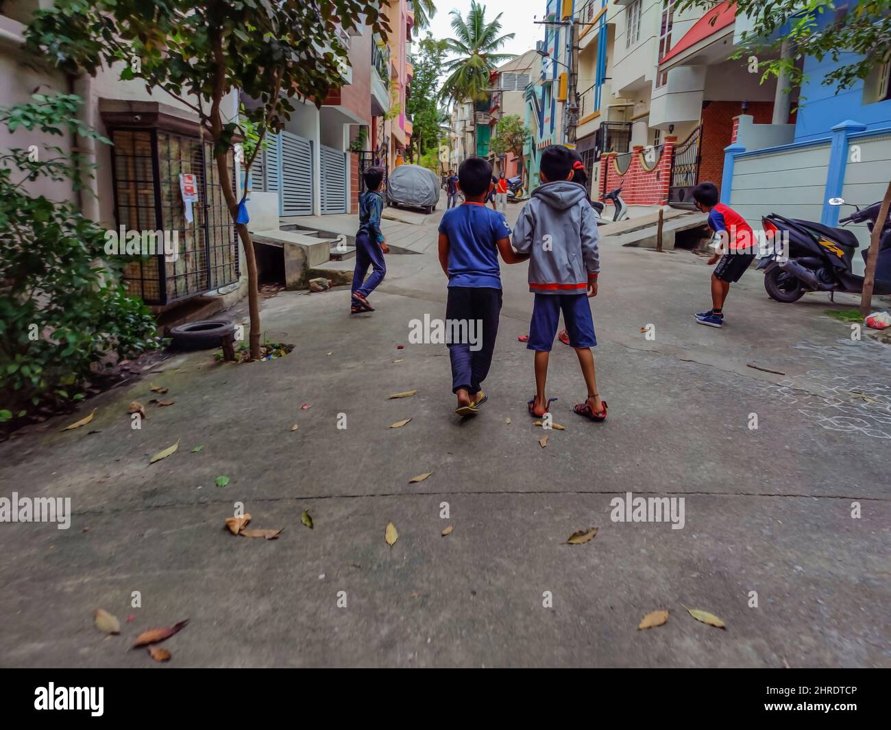 Group of kids playing cricket on the street in the residential area Stock Photo
