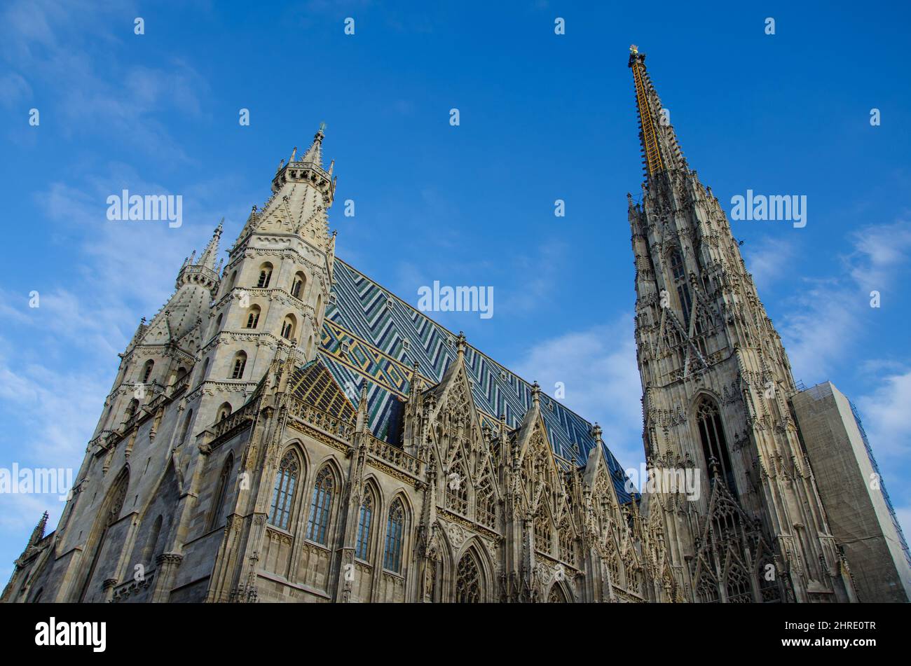Low angle view of St. Stephen's Cathedral, Vienna under the blue clear sky Stock Photo