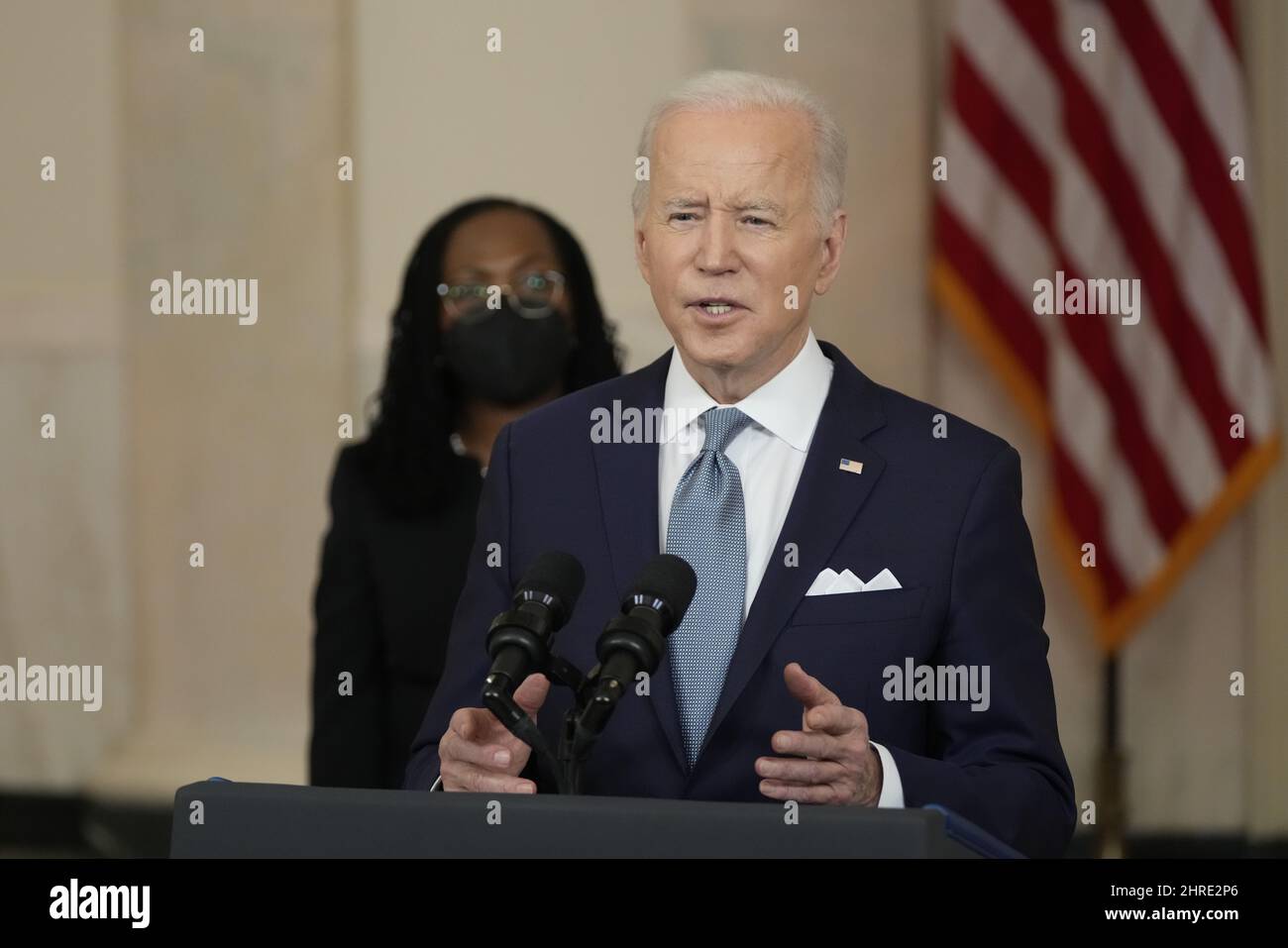 Washington DC, USA. 25th Feb, 2022. United States President Joe Biden makes remarks on his nomination of Judge Ketanji Brown Jackson to serve as Associate Justice of the US Supreme Court, in the Cross Hall of the White House in Washington, DC on Friday, February 25, 2022. Credit: Chris Kleponis/CNP /MediaPunch Credit: MediaPunch Inc/Alamy Live News Stock Photo