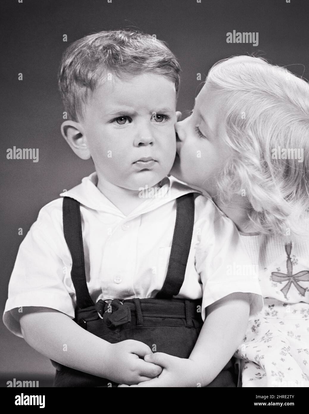 1940s LITTLE BLONDE GIRL KISSING HER SAD GRUMPY BABY BROTHER ON ...