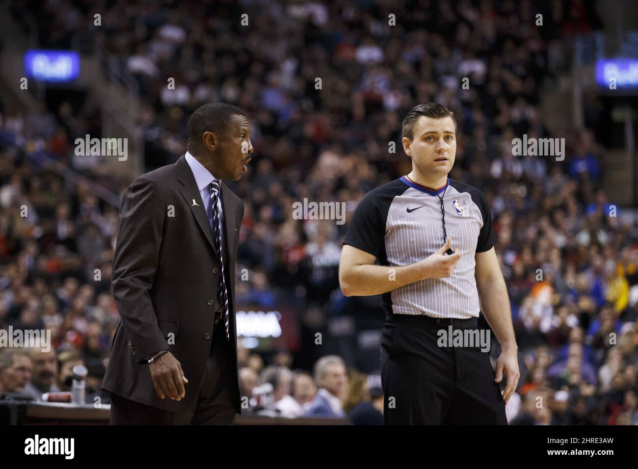 Toronto Raptors head coach Dwane Casey yells at a referee during second