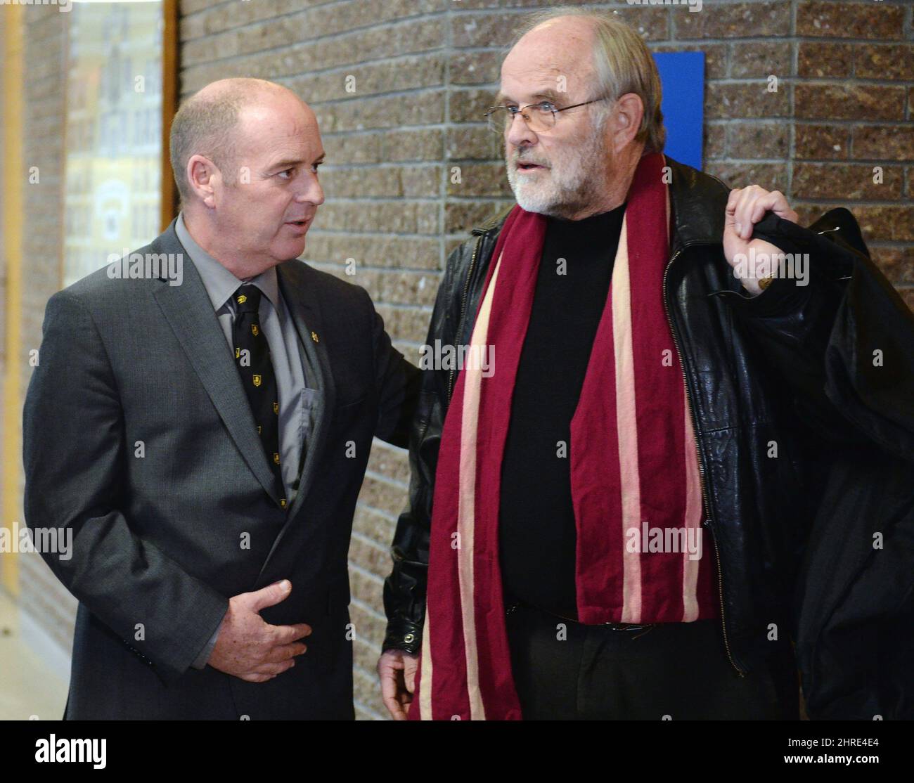 Train engineer Thomas Harding, left, leaves the courtroom with his lawyer  Tom Walsh, after hearing the verdict on Friday, January 19, 2018 in  Sherbrooke, Que. THE CANADIAN PRESS/Ryan Remiorz Stock Photo - Alamy, image size:1300x1114