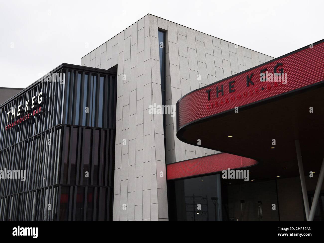 A photograph of The Keg Steakhouse and Bar is shown at Sherway Gardens mall in Toronto on