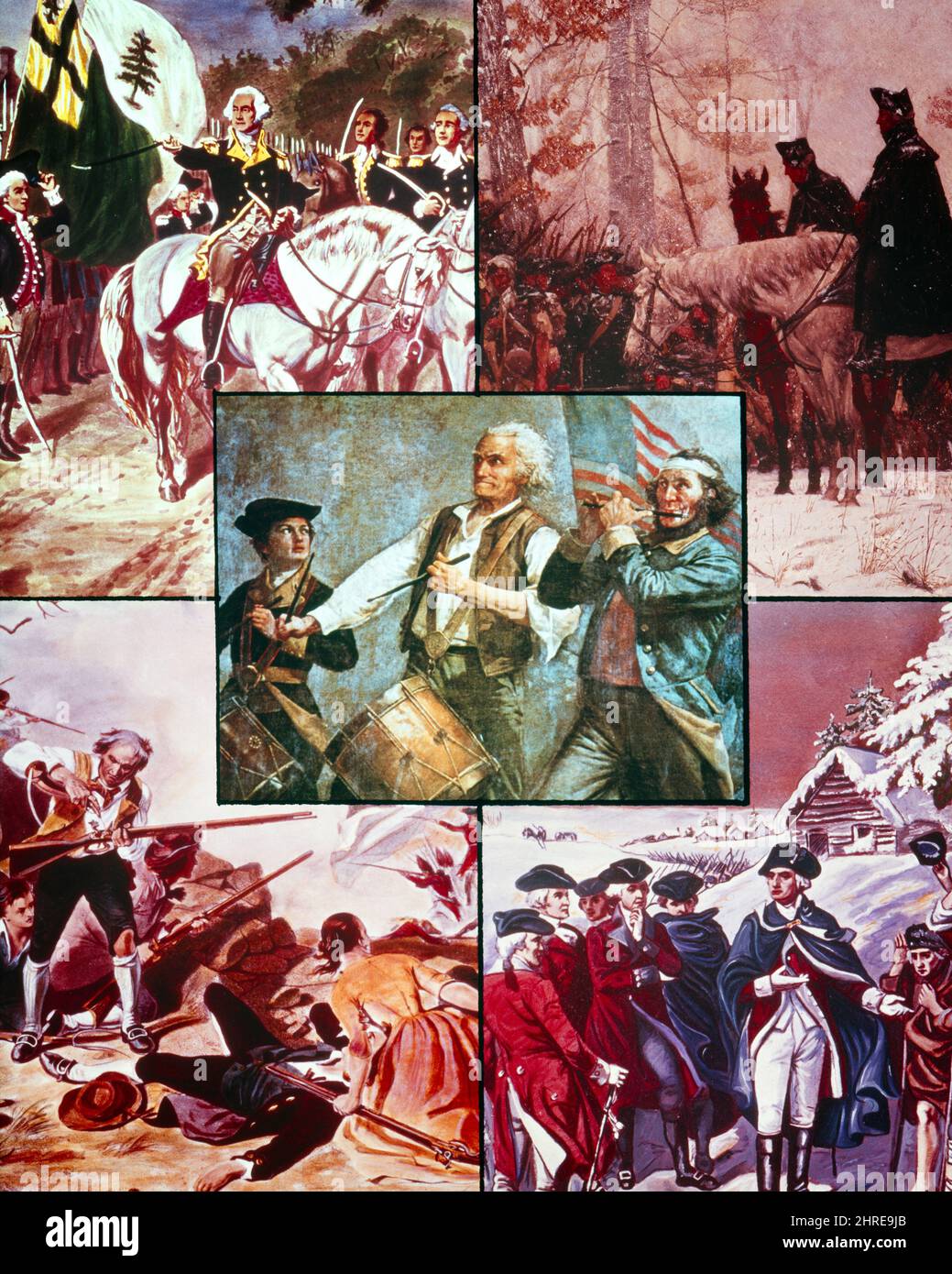 1770s MONTAGE OF VARIOUS AMERICAN REVOLUTIONARY WAR ILLUSTRATIONS WITH SPIRIT OF 76 IN THE CENTER - kh5770 HAR001 HARS 1776 PATRIOT POLITICS WAR OF INDEPENDENCE CONCEPTUAL FIFE PATRIOTIC REVOLUTIONARY WAR VARIOUS GEORGE WASHINGTON REVOLT AMERICAN REVOLUTIONARY WAR 1770s 76 COLONIES MA PATRIOTISM STATESMAN BATTLE OF LEXINGTON FOUNDING FATHER HAR001 OLD FASHIONED VIRGINIAN Stock Photo
