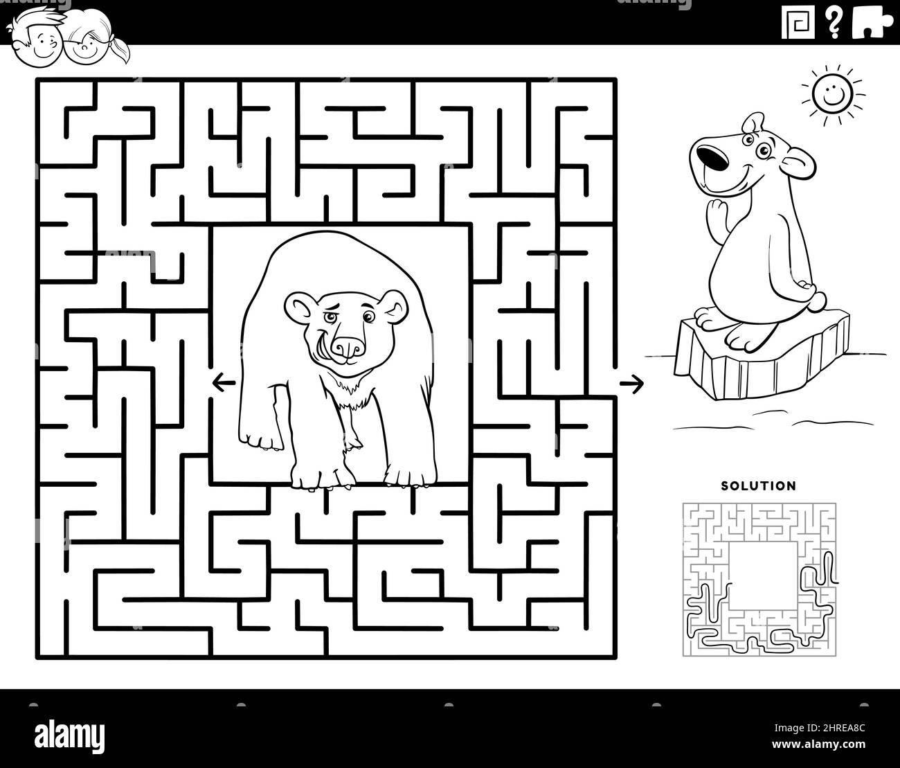 https://c8.alamy.com/comp/2HREA8C/black-and-white-cartoon-illustration-of-educational-maze-puzzle-game-for-children-with-polar-bears-animal-characters-coloring-book-page-2HREA8C.jpg